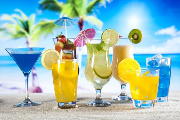 Beach cocktails in glasses and glasses