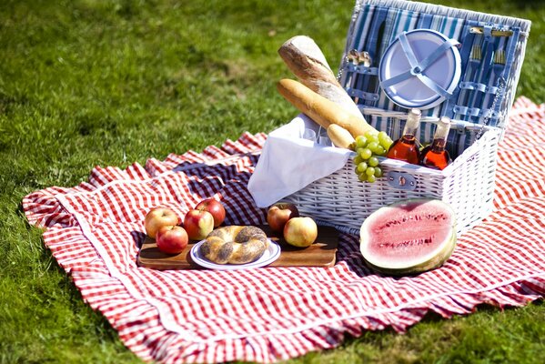 Picnic food on a blanket in a basket