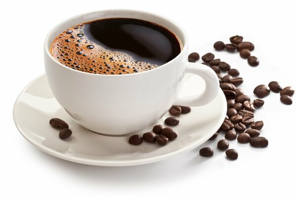 Cup of coffee, coffee beans, aromatic drink