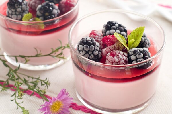 Postre en un vaso con arándanos y frambuesas