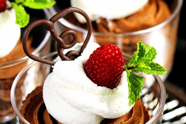 Chocolate cake with cream and mint leaf