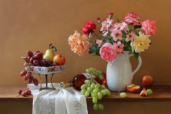 Still life of flowers, fruits and wine