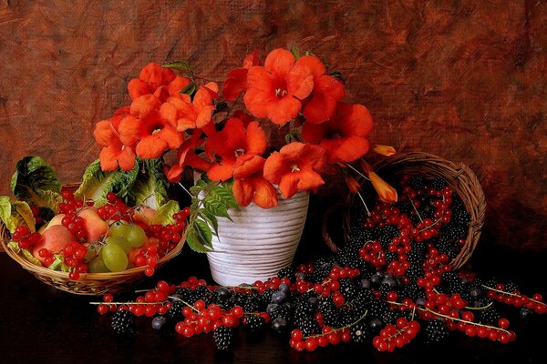 Stillleben Vase mit Blumen und Früchten