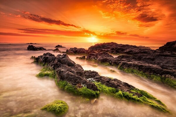 Coucher de soleil rouge sur les pierres de la mer