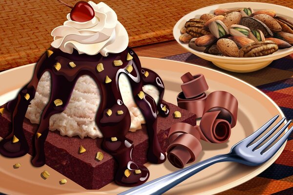 Dessert in the form of a chocolate cake with cream, cream, chocolate sauce. nuts and cherries