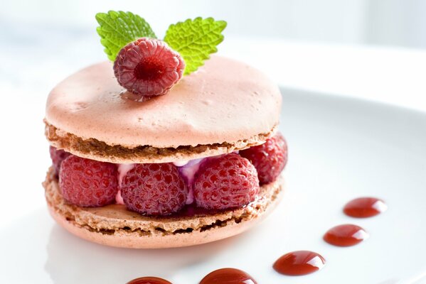 Biscotti di amaretto rosa con lamponi rossi