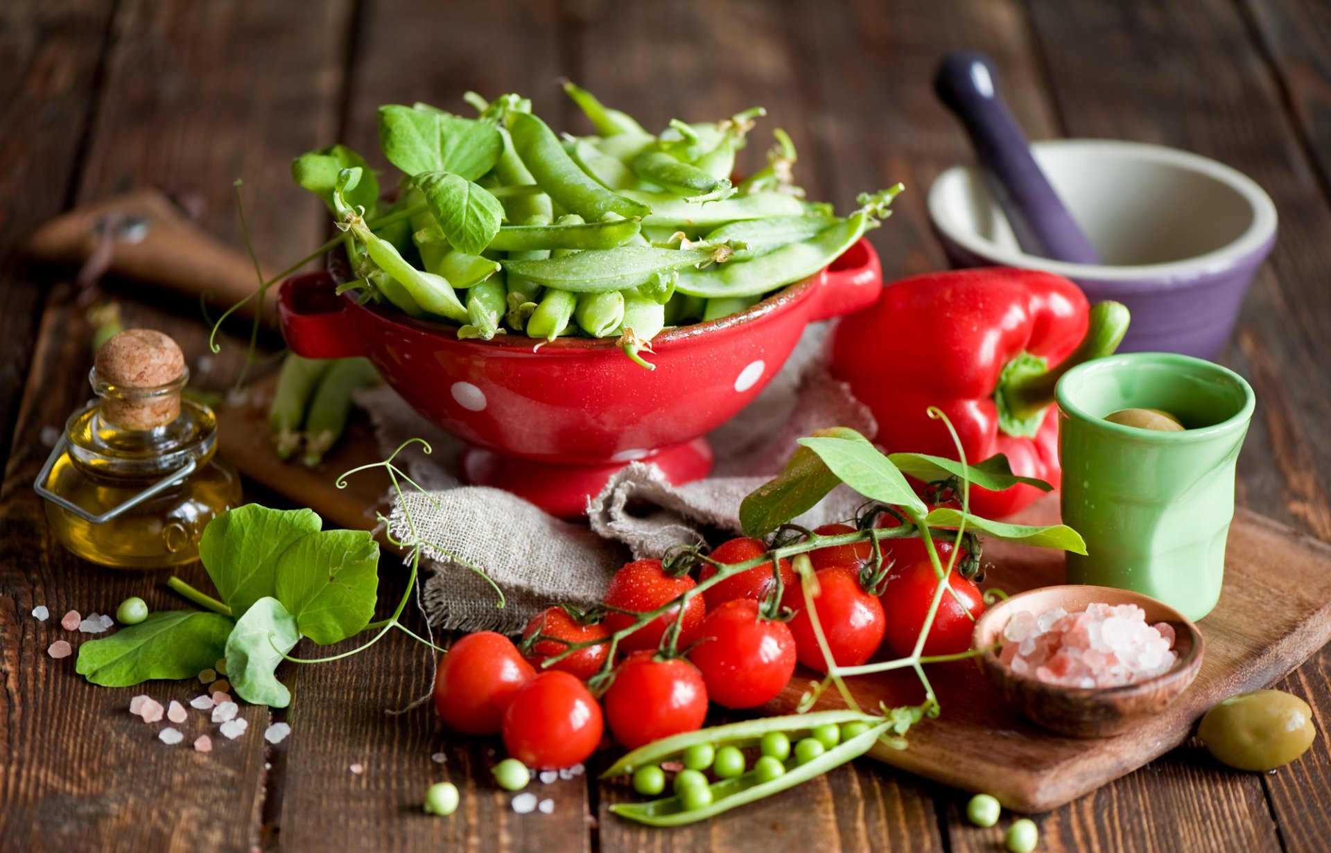 tomatoes cherry pepper peas olives oil tableware vegetables anna verdina