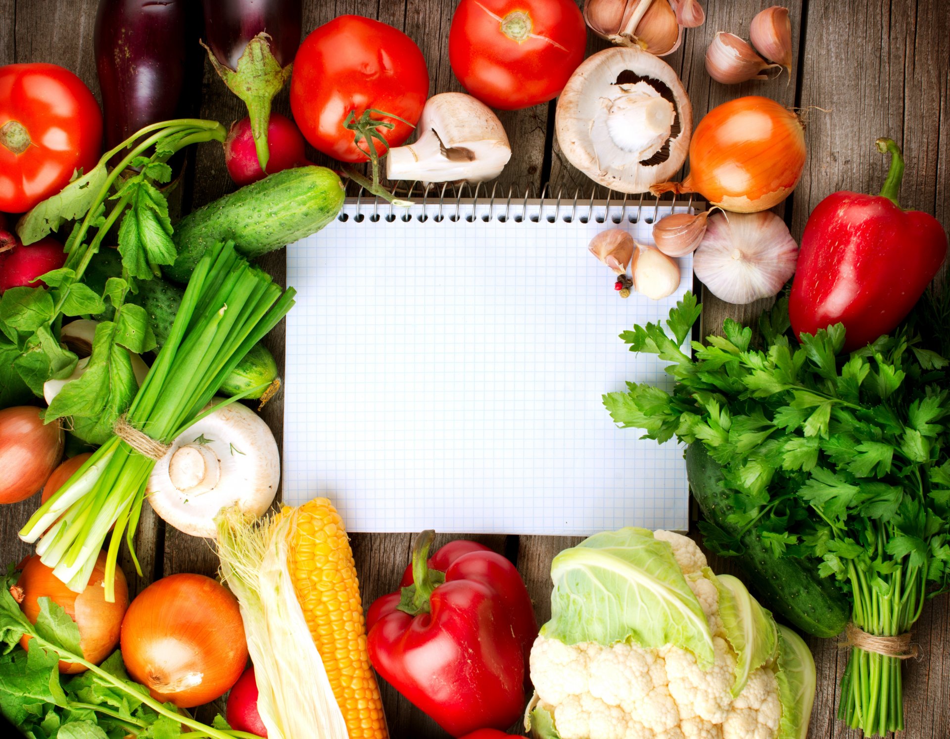 notebook vegetables cauliflower garlic tomatoes cucumber mushrooms green corn red pepper