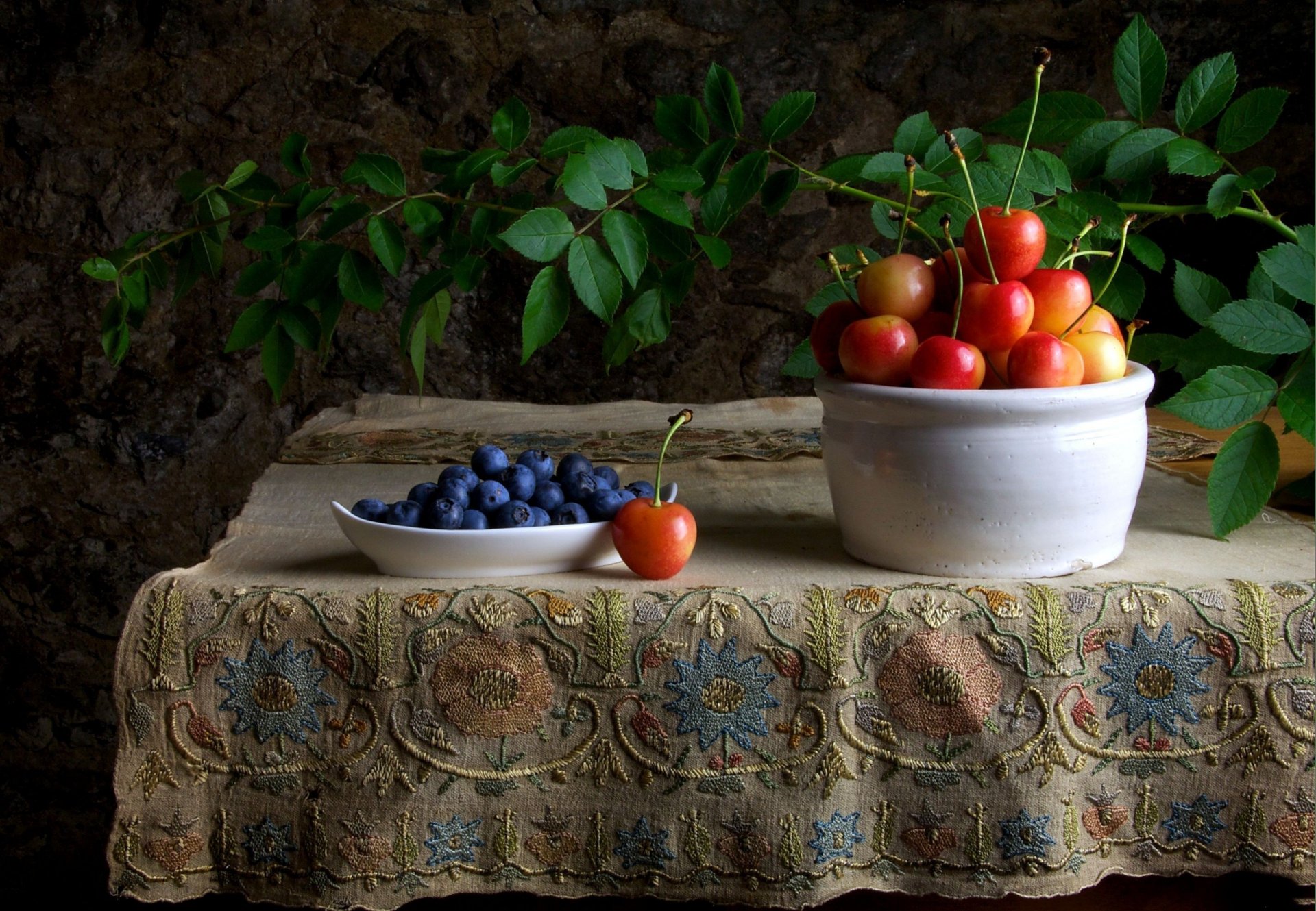 cherry blueberries berries still life table tablecloth branch