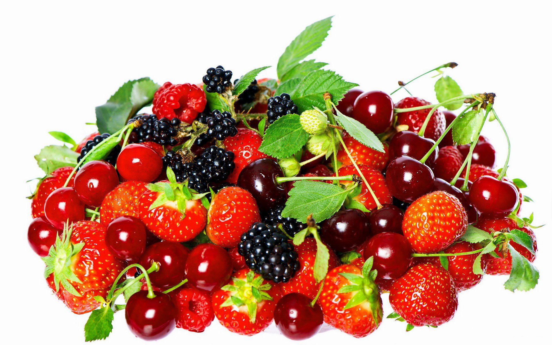 white background berries close up strawberry cherry blackberry raspberry