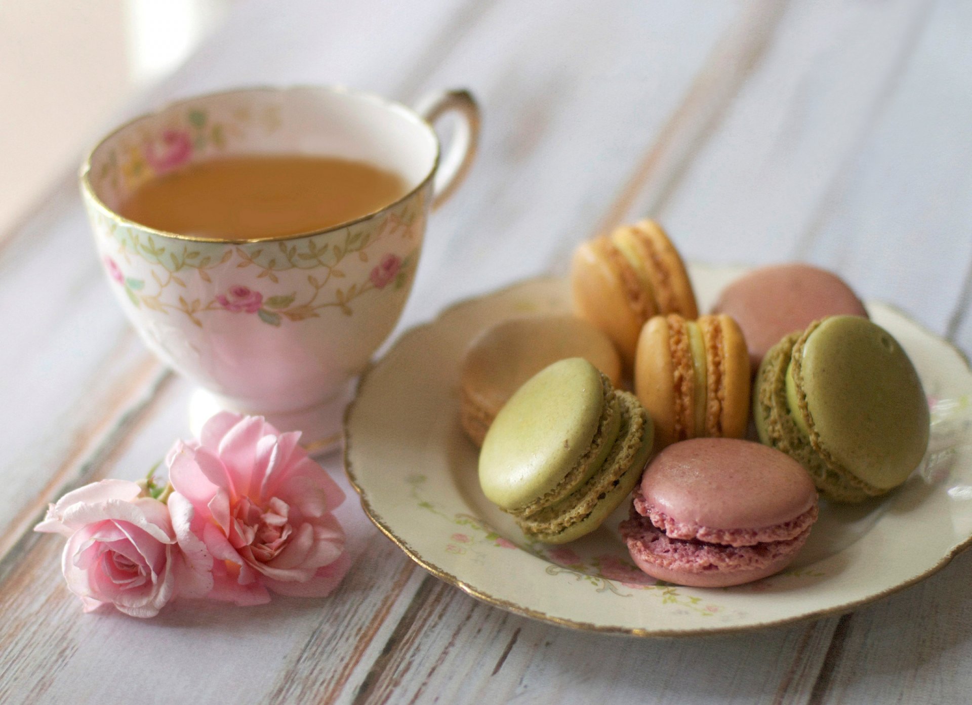 tee tasse kekse macaron makkaroni teller blumen rosen rosa