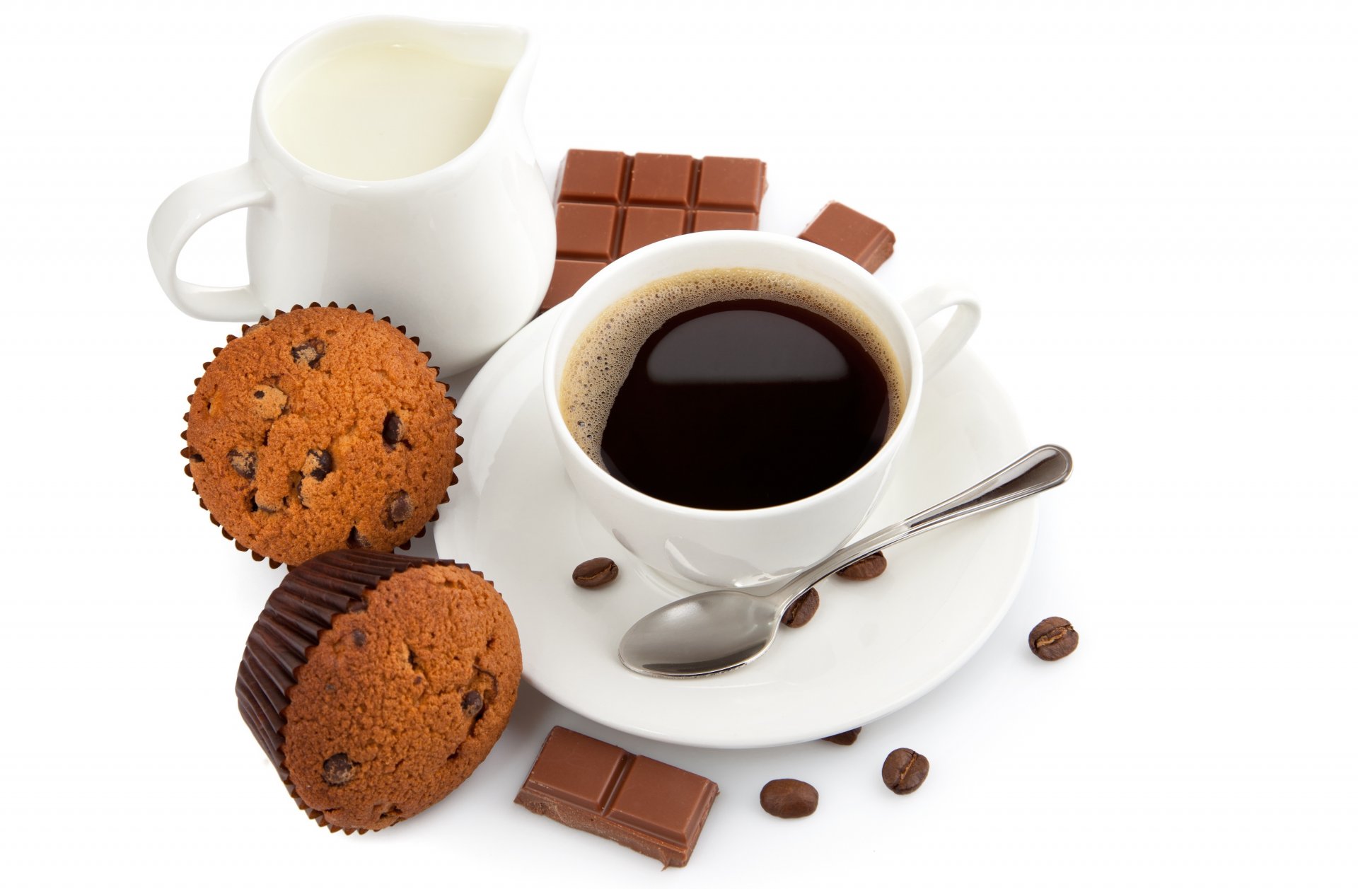 café tasse cuillère céréales muffins chocolat lait dessert bonbons pâtisseries petit déjeuner