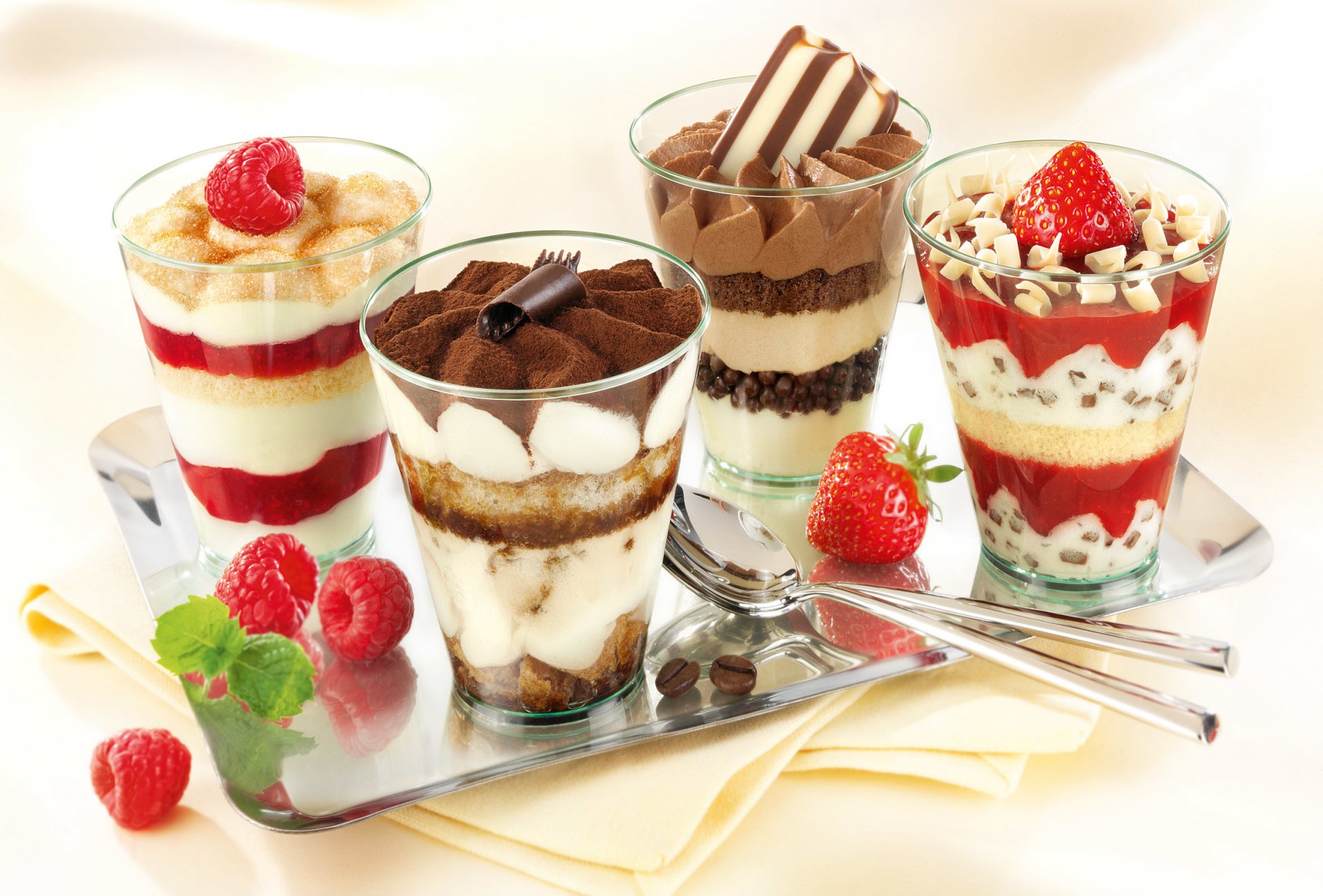 dessert glasses strawberry raspberry iris coffee cocoa chocolate chips cream jam powder spoon tray food deliciou