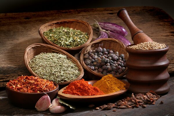 Still life of seasonings and spices on a wooden table