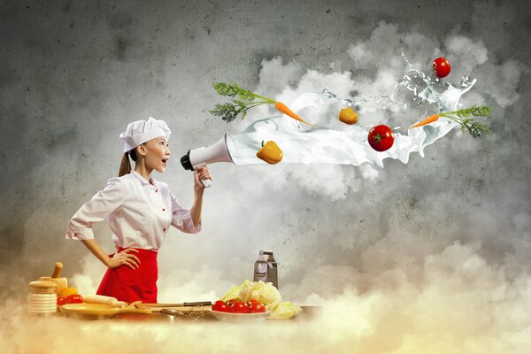 Girl cook with a mouthpiece and vegetables