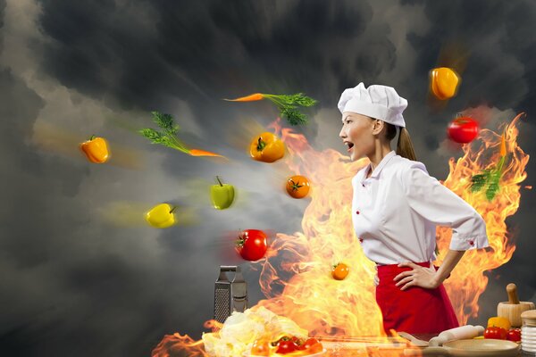 Cocinero chica creativa en el fondo de fuego y fruta voladora