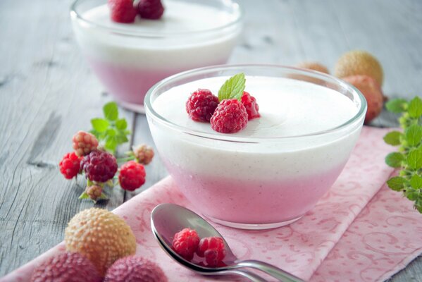 Dessert panna cotta with fresh raspberries