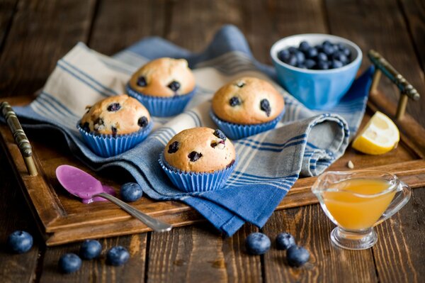 Muffins de arándanos en bandeja