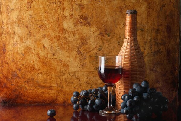 Botella de vino uva y Copa de vino