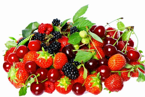 Fragola, ciliegia, mora e lampone su sfondo bianco