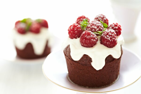 Schokoladenkuchen mit Zuckerglasur und Himbeeren