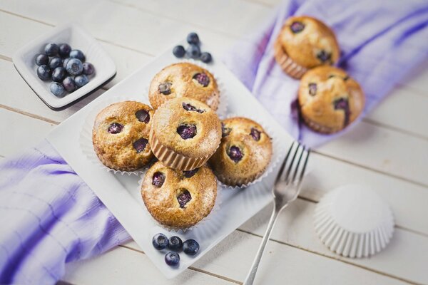 Blueberry muffins on a plate with a fork