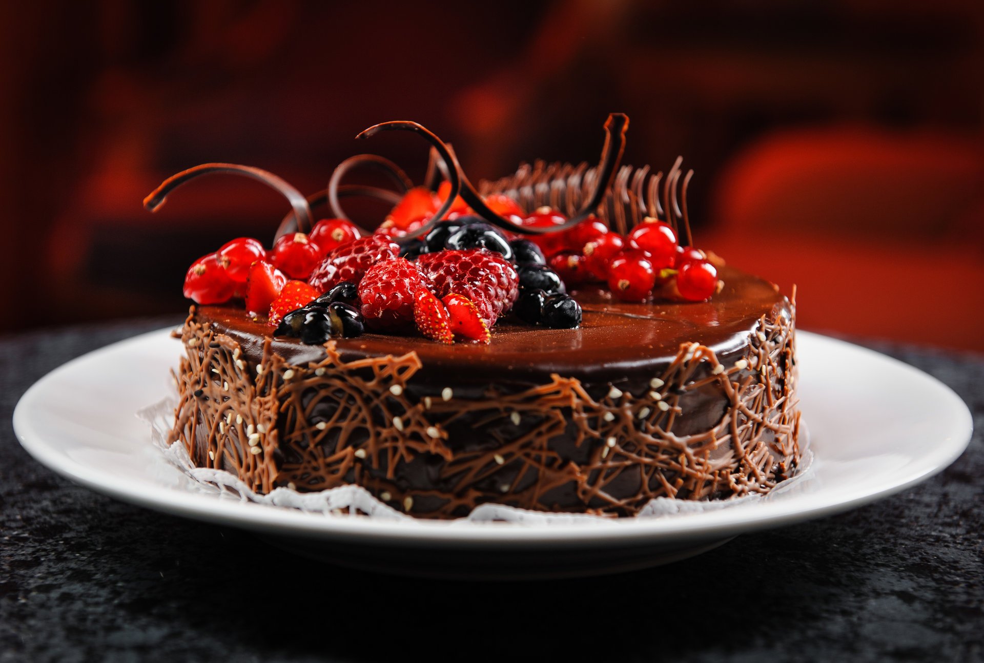 cake dish chocolate berries raspberry blueberries currants appetizing dessert