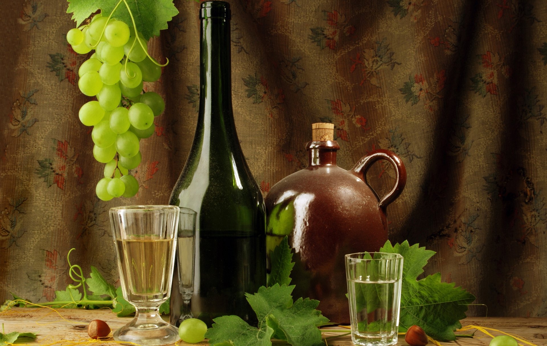 wine grapes leaves bottle glass shot glass vodka