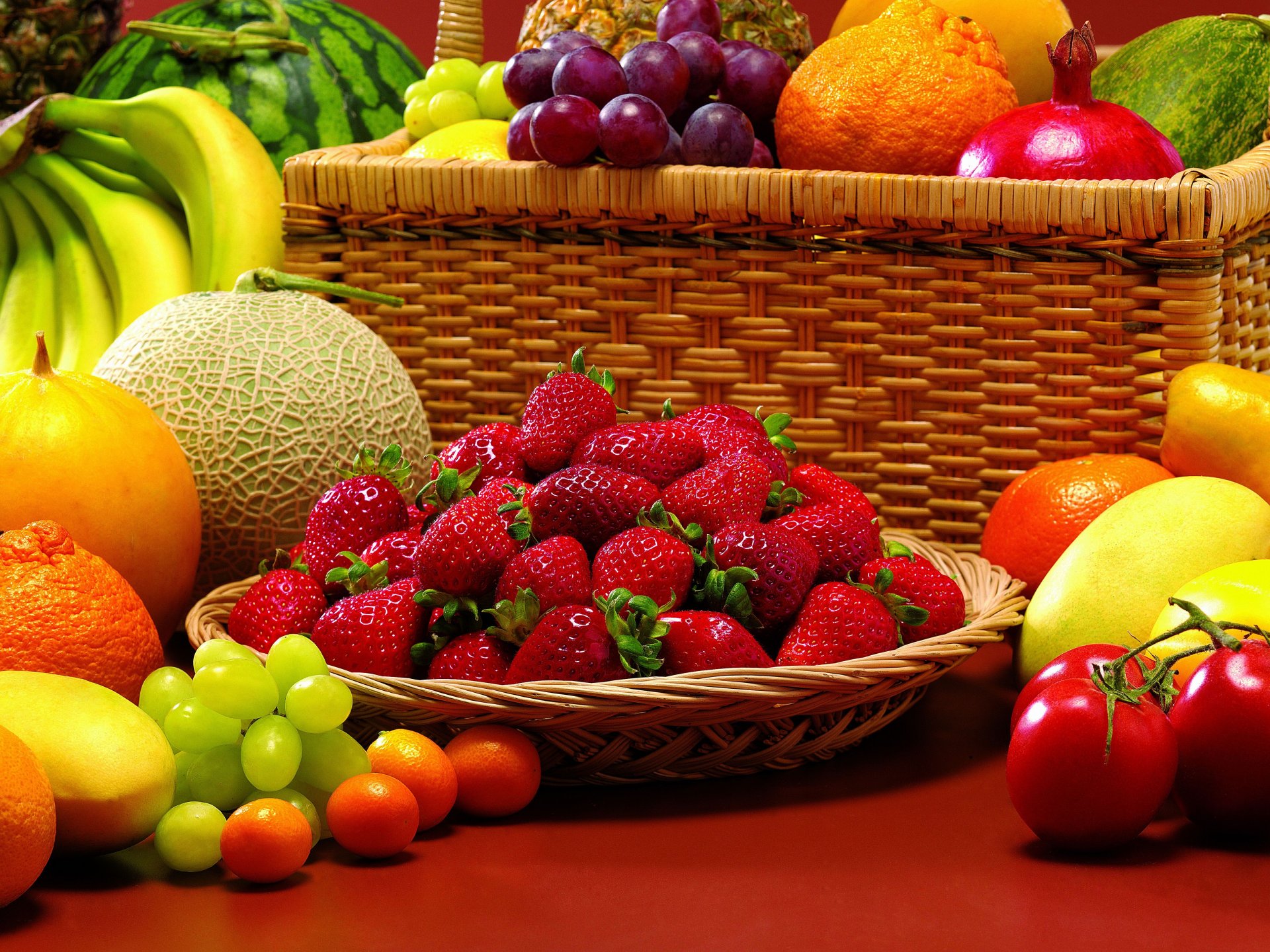 berries fruits vegetables strawberry tomatoes kumquats watermelon melon bananas grapes mandarins garnet still life