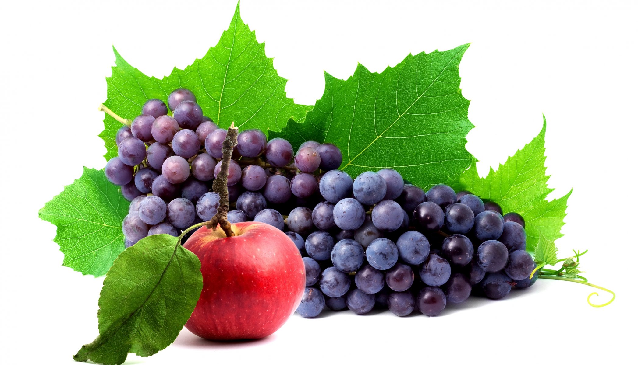 grapes berry bunch of leaves apple white background