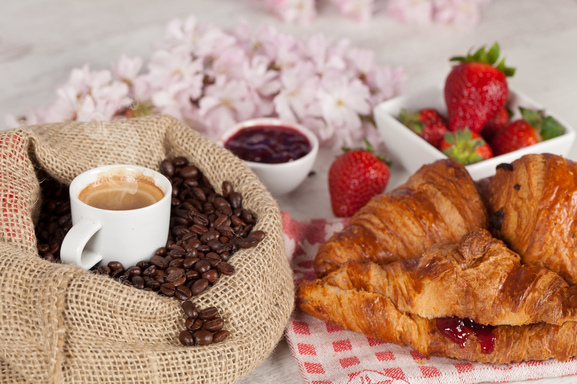 coffee breakfast cup drink bag grains croissants bagels jam jam strawberries flower