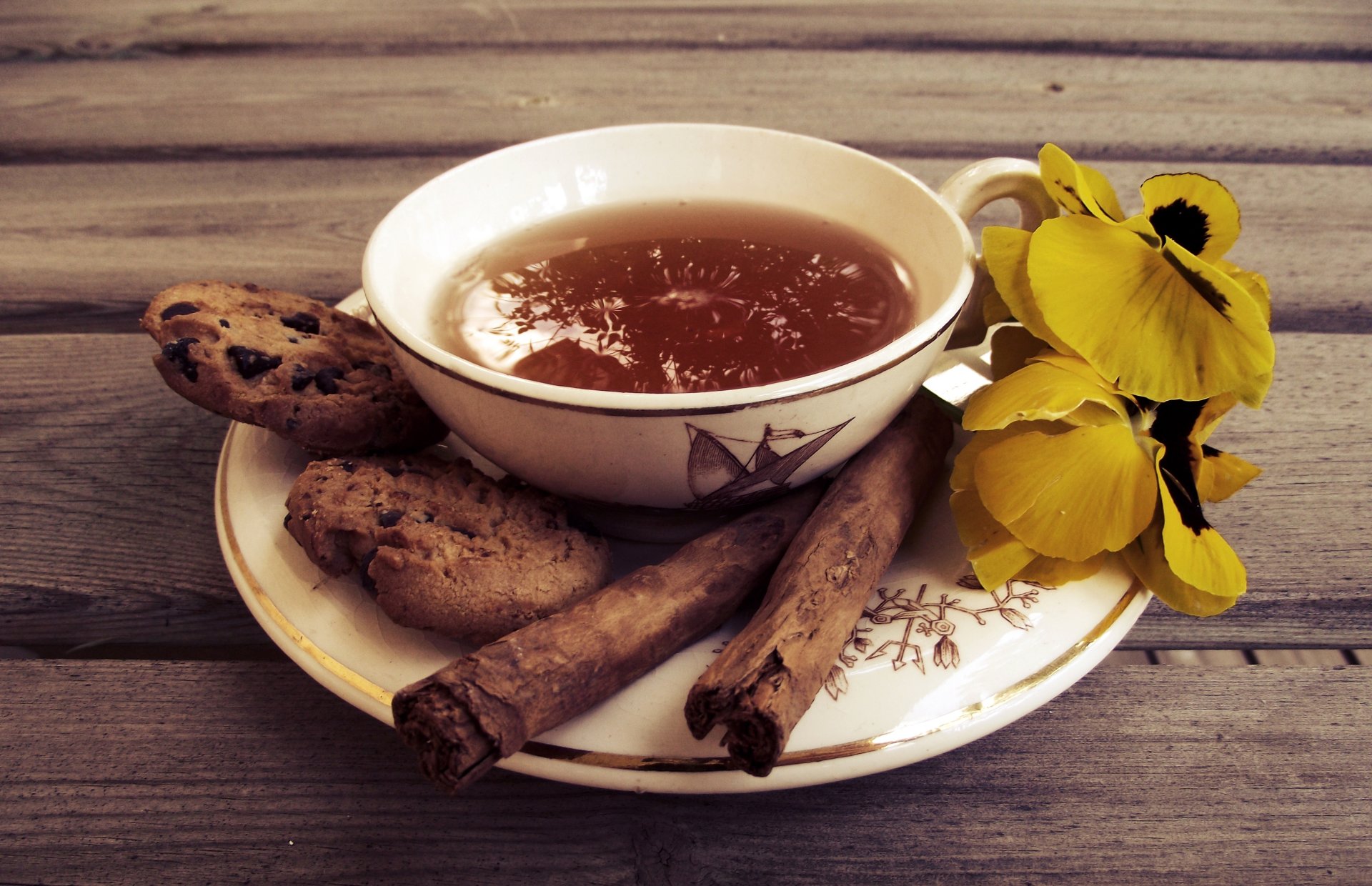 cup tea saucer cookies cinnamon flower