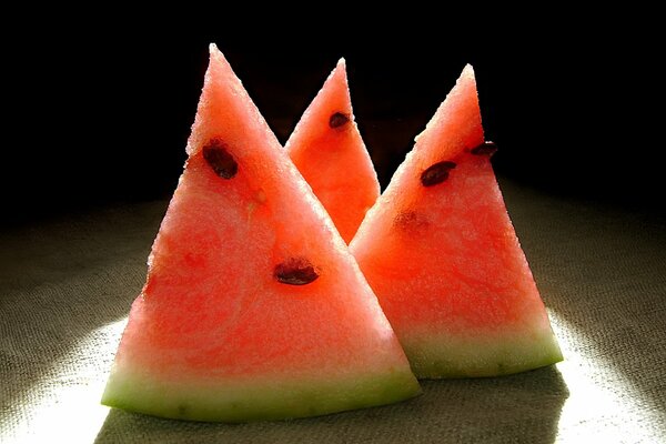 Triangular slices of watermelon on a white plate