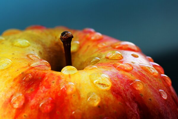 Saftiger roter Apfel in Tropfen