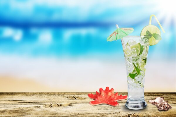 Cocktail Mojito in einem Glas und neben einer Muschel mit einem Stern