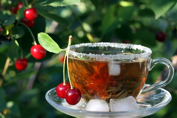 A cup of fragrant tea with cherries