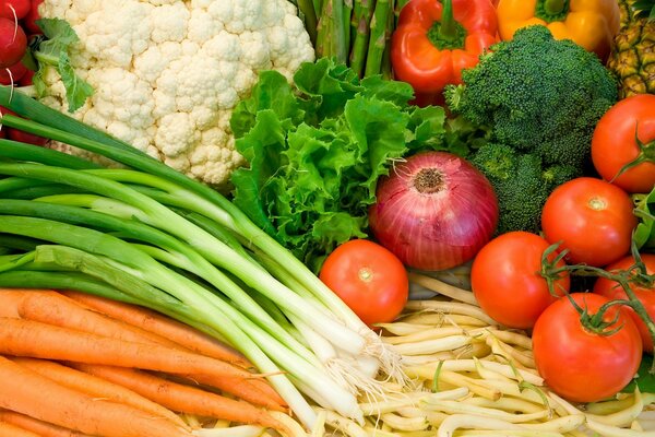 Vegetable harvest: green onions, carrots, tomatoes, broccoli, pepper