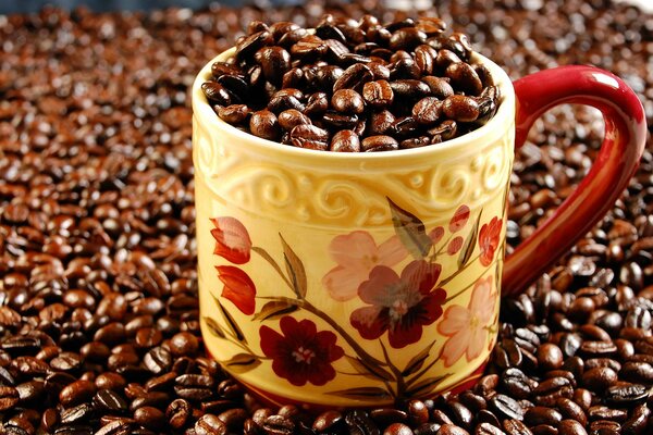 A cup full of coffee beans