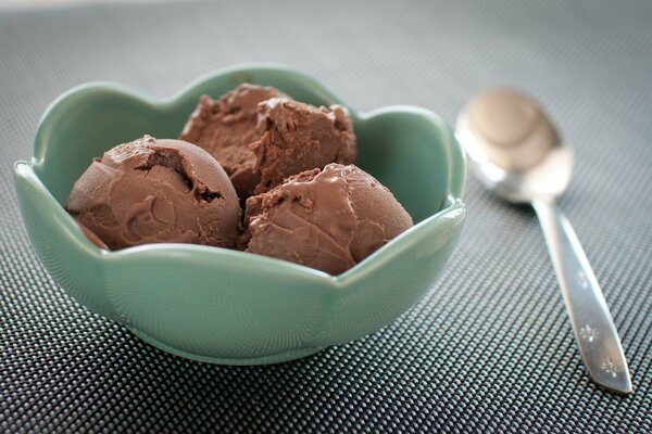 Три шарика шоколадного мороженого на тарелке