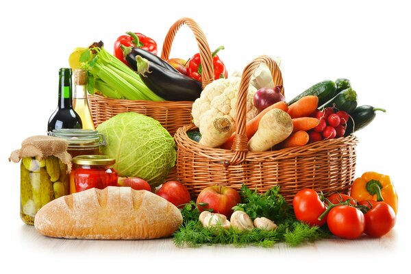 Panier d épicerie, légumes, pain, conservation