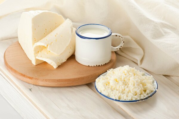 Tasse avec du lait et du fromage sur une soucoupe