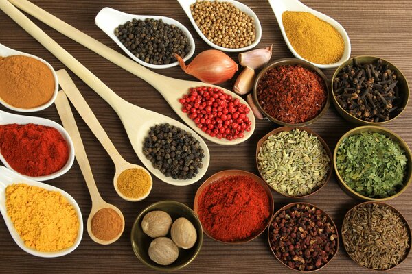 Spices in bowls and on plates