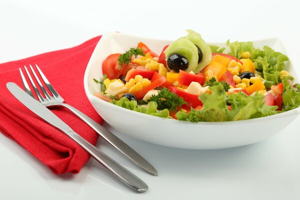 Plato con ensalada de verduras frescas. Cubiertos en una servilleta