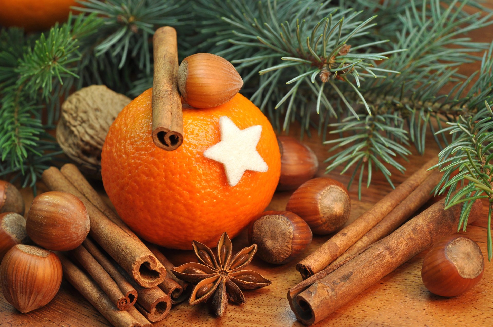 orange cinnamon nuts spruce branch