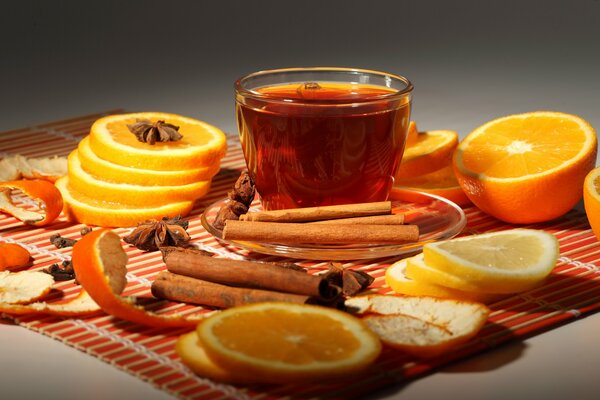 Tazza di tè alla cannella e arance