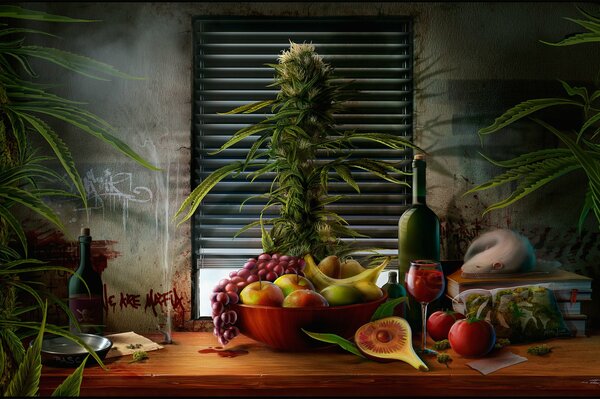 A rat in a still life of apples, bananas, vegetables and wine