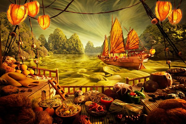 Japanisches Essen auf dem Hintergrund der Meereslandschaft