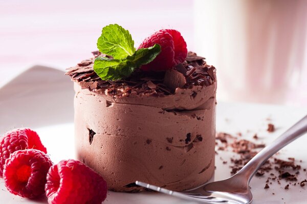 Pastel de chocolate con menta y frambuesa