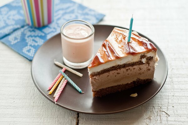 Cake with candles and milk on a plate