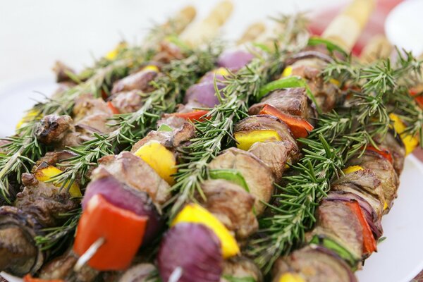 Delicious meat with vegetables on skewers and sprigs of greens